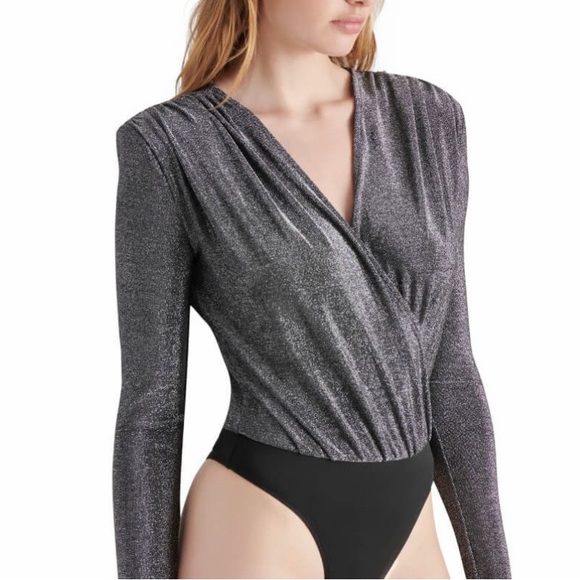 Steve Madden Tops - 🆕✨ Steve Madden Metallic Silver Wrap Bodysuit Top Long Sleeve Party Size L Chic